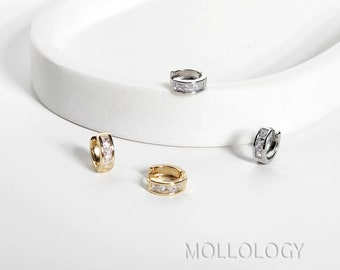 Baguette CZ Huggie Hoop Earrings, 14K Gold Hoop Earrings, Minimalist Small Hoops, Silver CZ Huggies, Cartilage Hoops, Everyday Earrings