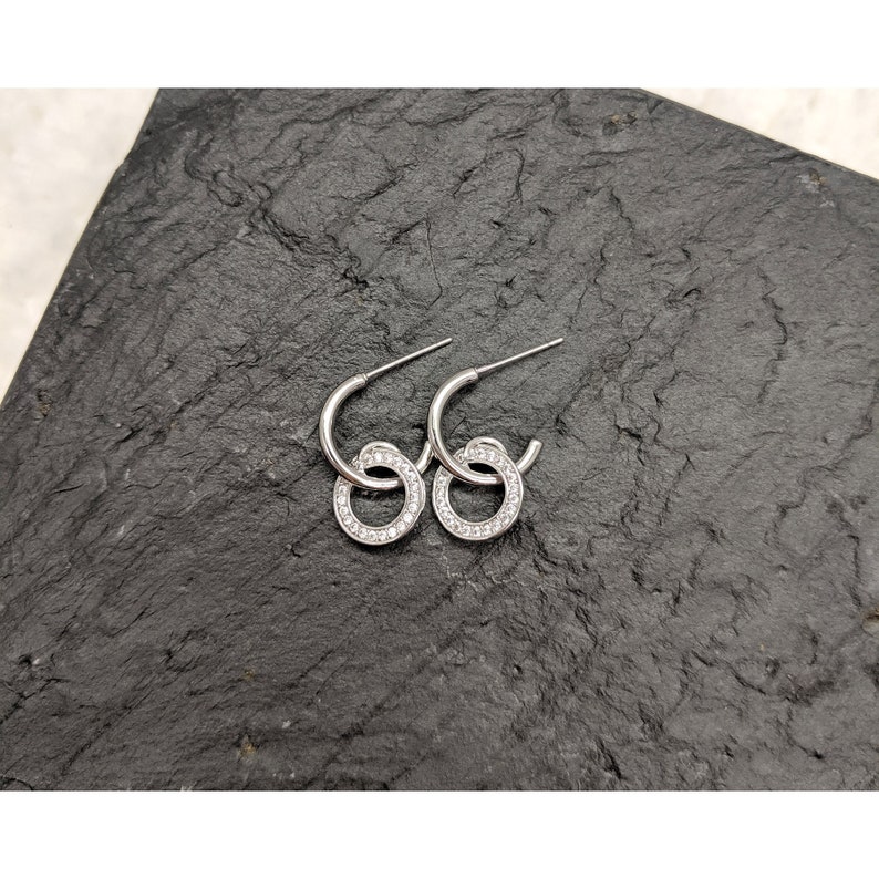 Minimalist Eternity Geometric Interlock Circle Hoop dangle Earrings Sterling Silver CZ earrings