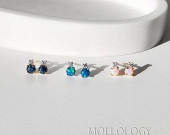 Opal Earrings, Tiny Opal Stud Earrings, Sterling Silver, Small Minimalist Studs, Blue Opal, Pink Studs, Everyday, Birthday, Gift for Her