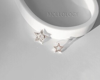 Dainty Silver Star Stud Earrings, Open CZ Starburst Baguette Earrings, Minimalist Celestial Jewelry for Everyday, Bridal Bridesmaid Gifts