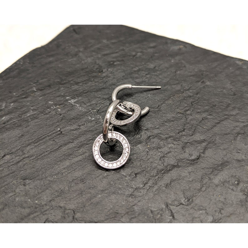 Minimalist Eternity Geometric Interlock Circle Hoop dangle Earrings Sterling Silver CZ earrings