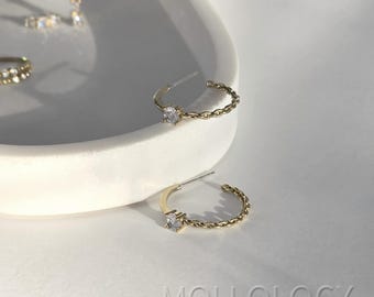 Gold Chain Hoop Earrings with CZ, Dainty Braided Hoops, Minimalist Everyday Gold Earrings, Gold Huggie Hoop Earrings, Sparkly Gift for Her