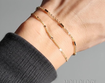 14K Gold Dainty Bracelet | Satellite Beaded Chain | Minimalist Bar Style | Silver Bracelets | Adjustable Layering Jewelry | Gift for Her