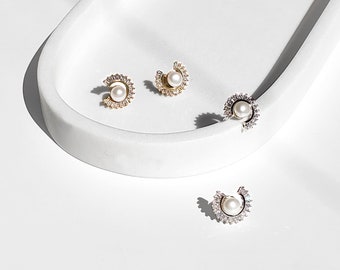 Baguette Earrings, Starburst Earrings, Dainty Pearl Earrings, Bridal Bridesmaid Pearl Studs, Art Deco Earrings, Circle Studs, Flower Earring