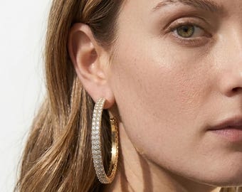 Large Pave Hoop, Large Gold CZ Hoop Earrings, Sparkly Statement Hoops, Dainty Gold Circle Earrings, Gift for Her, Wedding Bridal Earrings