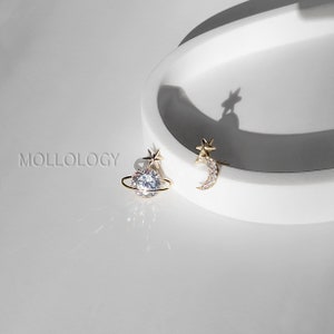 Star and Moon Earrings, Star Earrings, Gold Crescent Moon Stud Earrings, Celestial Earrings, Gold Star Stud Earrings, Planet Saturn Earrings