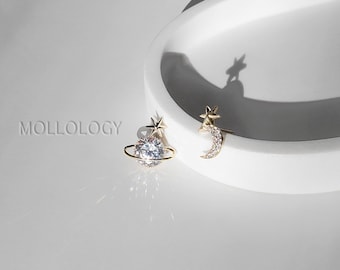 Star and Moon Earrings, 14k Gold Stud Earrings for Women, Gold Star Celestial Jewelry, Dainty Mismatched Earrings, Gift For Her
