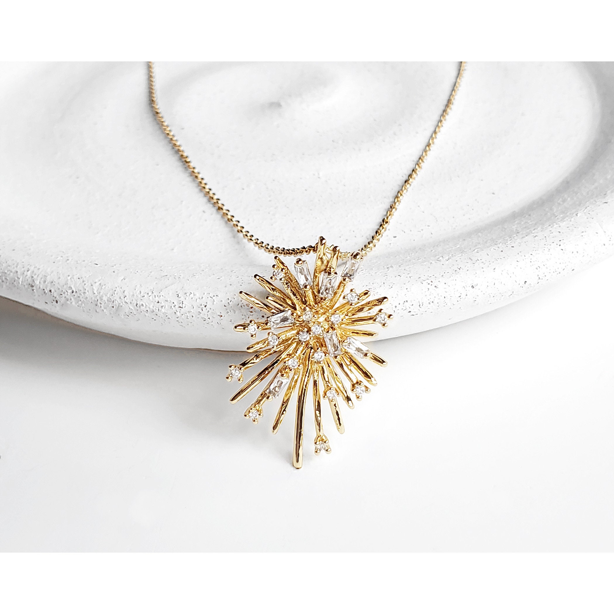 Starburst Necklace Dainty Gold Necklace Baguette Necklace | Etsy