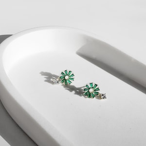 Dainty Gold Earrings, Baguette Earrings, Green Earrings, Starburst Earrings Minimalist Dainty CZ Earrings, Sunburst Studs, Flower Earrings