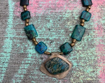 Chrysocolla set on Bronze Pendant with Malachite and Chrysocolla Beads, African Bronze Beads with Bronze Toggle Clasp