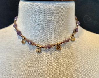 Purple Crystal Choker Necklace, Bronze Metal Clay Charms