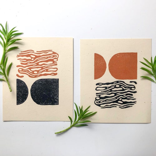 Small Twocolor Abstract Linocut Print Etsy