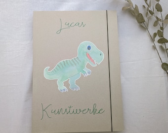 "T-Rex" A3 folder made of gray cardboard with elastic band or cotton band for tying, dinosaur, small gift