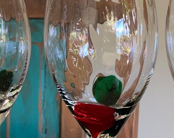 Pier 1 Optic Ribbon Wine Glasses Green and Red Color Drop Spiral Stem/P1C41