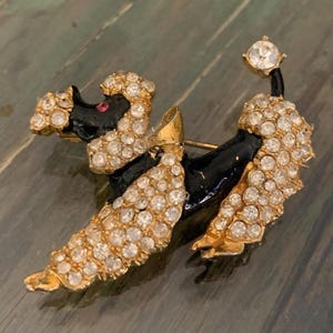Vintage Rhinestone Enamel Poodle Brooch – Black & Gold Mid-Century Dog Pin