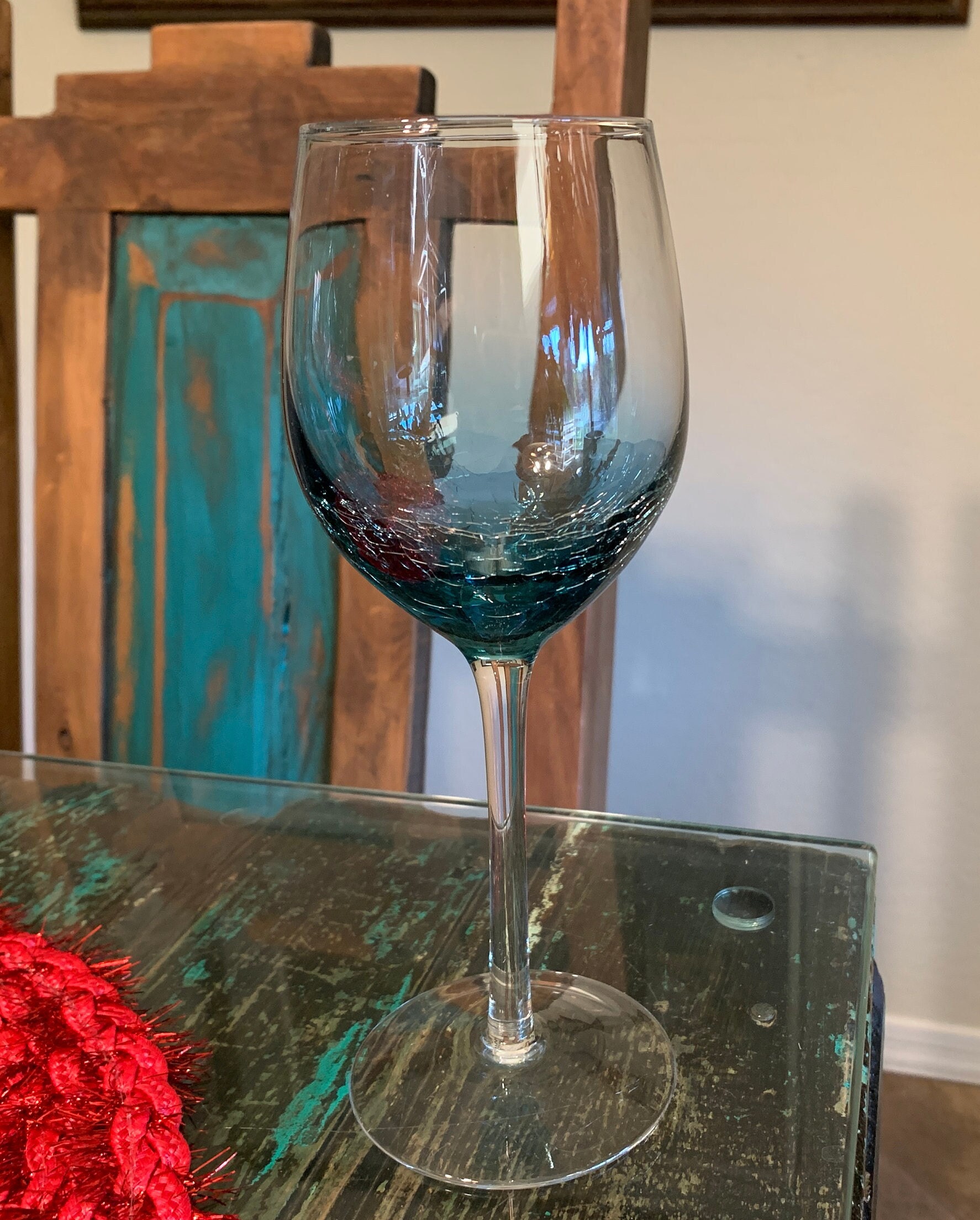 3- Pier 1 One Clear Crackle Angled Rim Red Wine Glasses Goblets 8 5/8 Slant