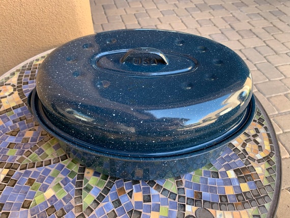 Roasting pan with lid enamel light blue oval vintage medium