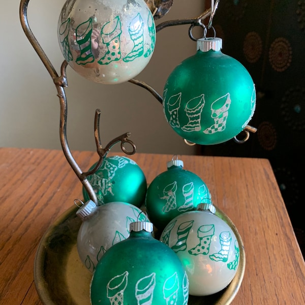 Vintage Shiny Bright Christmas Stocking Stenciled Ornaments/Green Shiny Bright Christmas Balls/Each Sold Separately