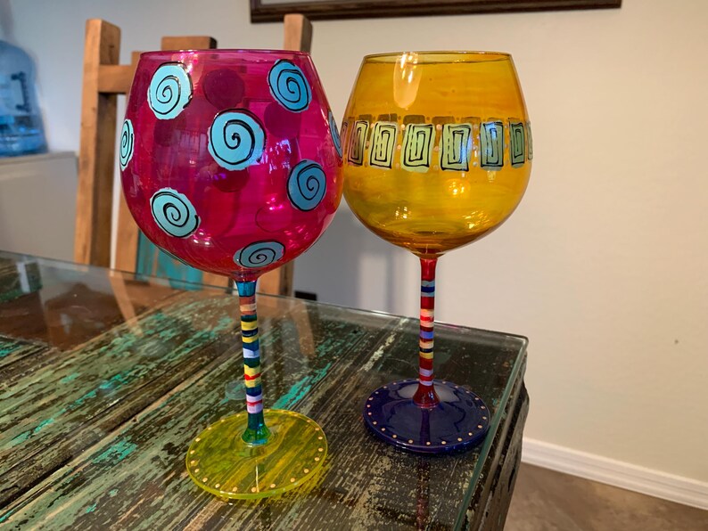 Colorful Hand Painted Wine Glasses/balloon Wine Glasses Colored Stem Etsy