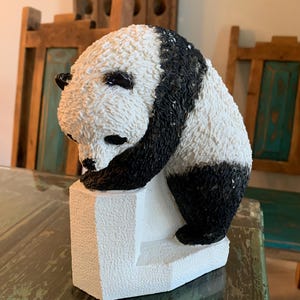 Panda Figurine Artist-Signed Resin  – Textured Black & White Sculpture on Geometric Base