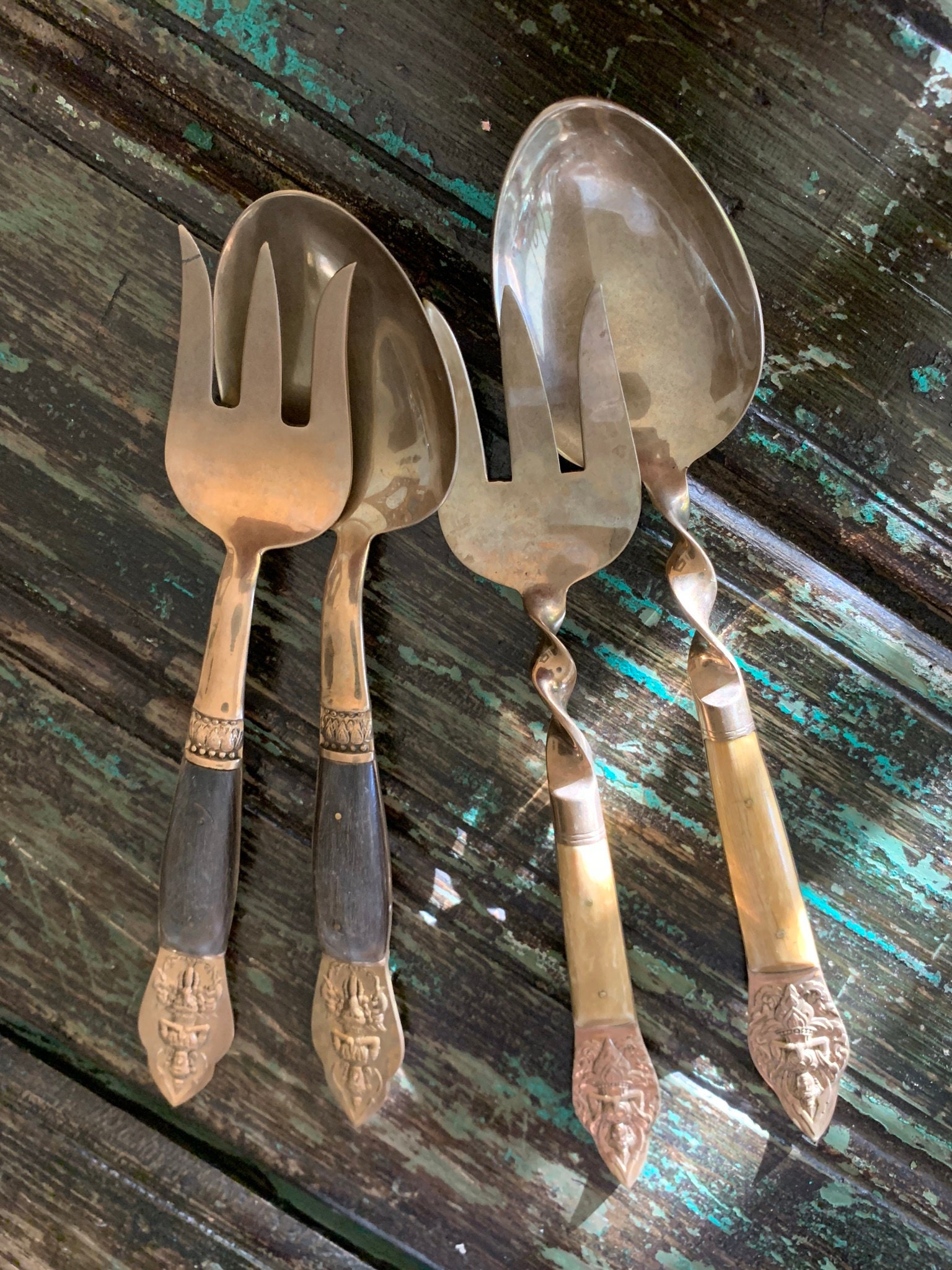Two sets of Thailand /Siam serving Spoons & Forks/Solid Etsy