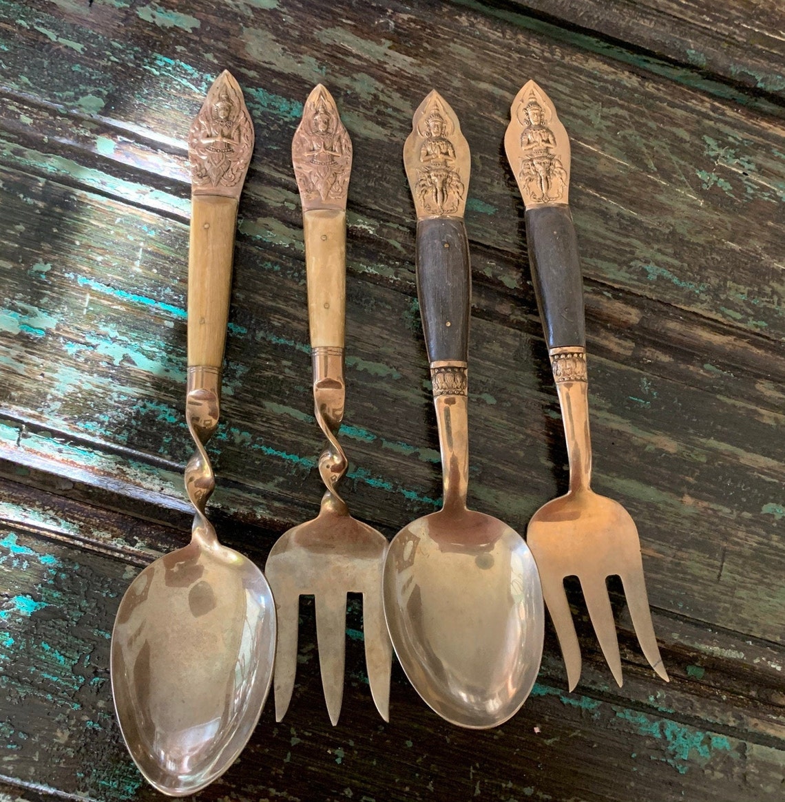 Two sets of Thailand /Siam serving Spoons & Forks/Solid Etsy
