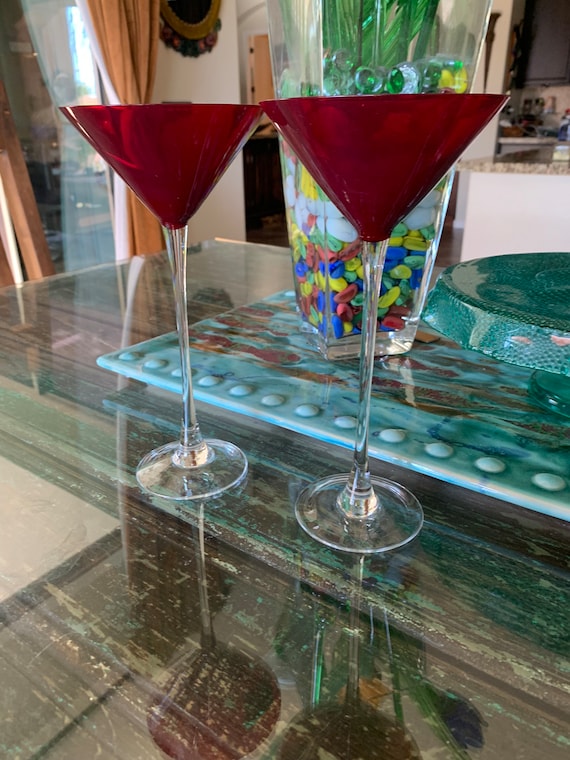 Pair of Tall Red Martini Glasses/red Bowl Clear Stem Cocktail Glasses 