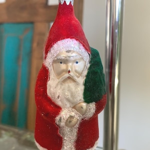 Vintage Polish Mercury Glass Santa Christmas Ornament/Flocked Santa Coat and Tree/ Figural Santa