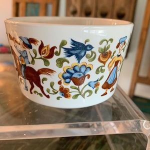 Vintage CorningWare Troubadour Pyroceram Ramekin | Folk Art Pattern | Made in France | Oven to Table | Corning Collectible
