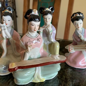 Porcelain Asian Musician Women/Four Vintage Chinese Lady Bisque Figurines/Musicians