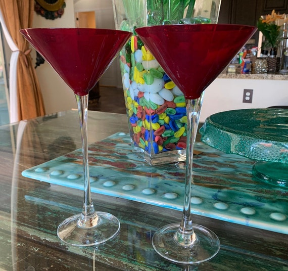 Pair of Tall Red Martini Glasses/red Bowl Clear Stem Cocktail Glasses 