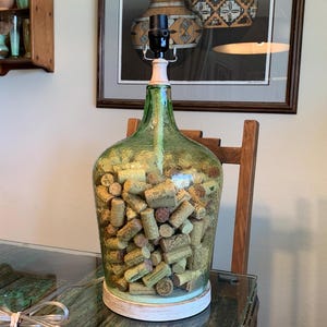 Cork Filled Bottle Lamp/Seeded Glass Lamp with Corkscrews