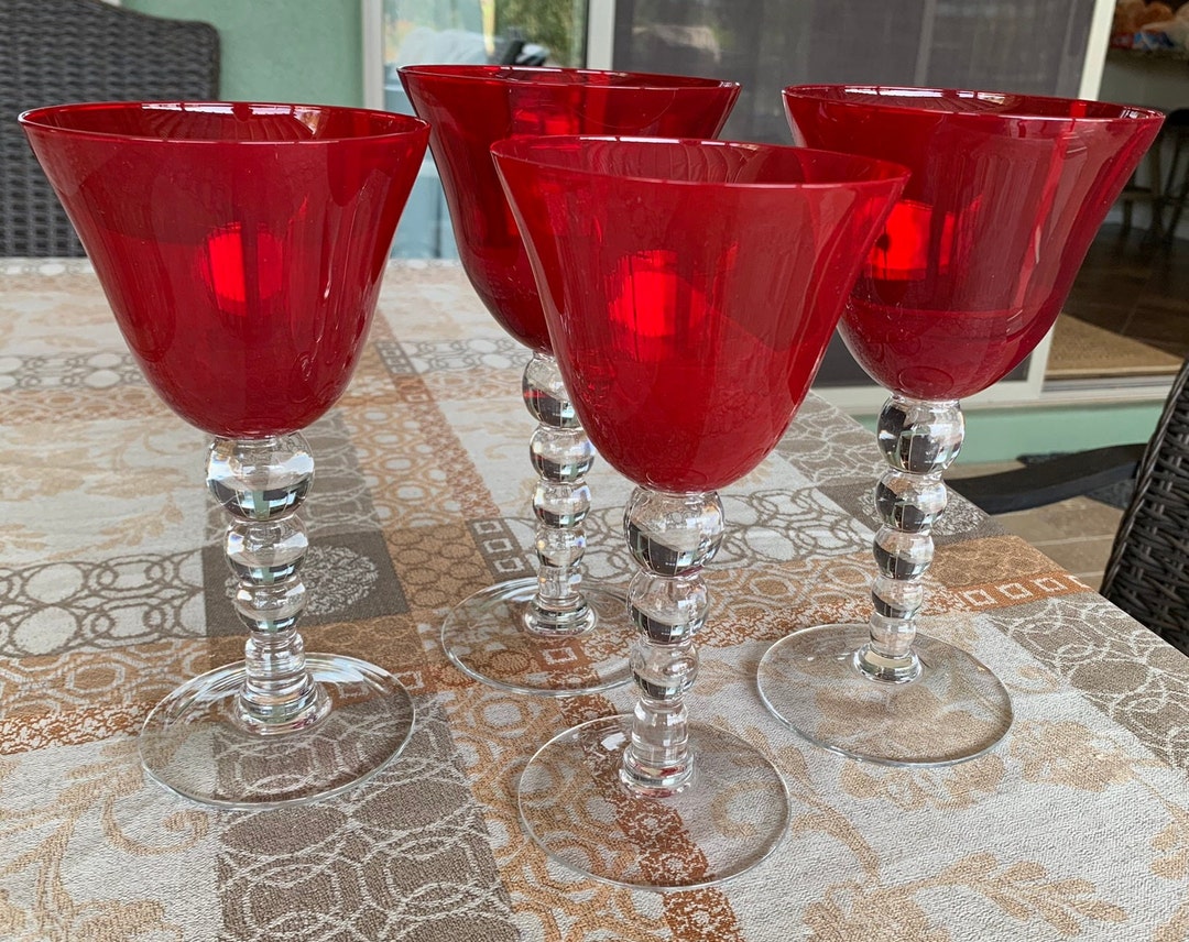 Red Glass Wine and Water Ball Stem Goblets/clear Bubble Stem Etsy