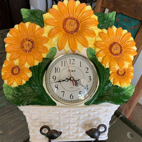 Vintage KMC Ceramic Sunflower Wall Clock/Handpainted Flower Clock