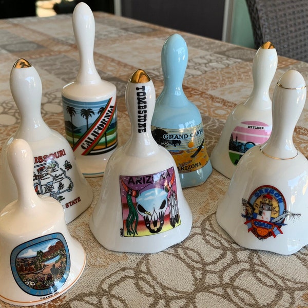 Souvenir Porcelain Bells/Arizonia/Missouri/Six Flaggs Bells