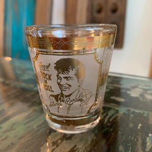 Elvis Presley shot glass/ Elvis, labeled &quot;King of Rock n Roll&quot; Barware/Culver Presley Shotglass