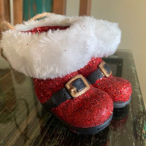 Pottery Barn German Glitter Santa Boots Christmas Ornament/Red Glitter Santa Boots with Green Glitter inside Christmas Ornament