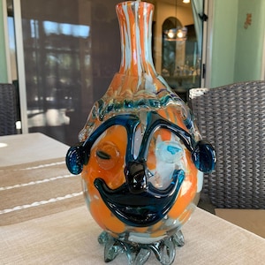 Clown Italian Glass Vase Murano Style/Bottle Brutalist Art Glass Clown head/face