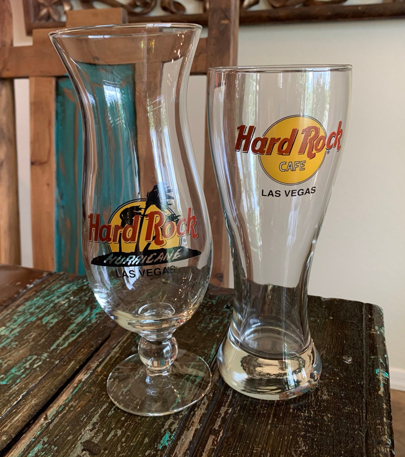 Hardrock Café Las Vegas Hurricane and Pilsner Glasses 