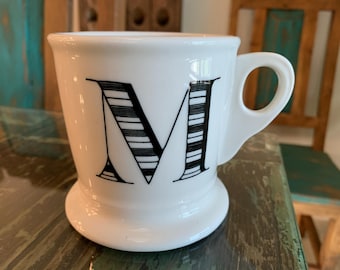Anthropologie Monogram Mug – Letter “M” – White Ceramic Coffee Cup with Black Striped Initial