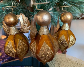 Vintage Gold Painted Metal Angel Ornaments/Three Metal Angel Ornaments with Gold Halo