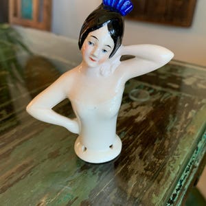 Porcelain Doll Head/Half Doll Busts/German Porcelain Doll Head blue hat doll