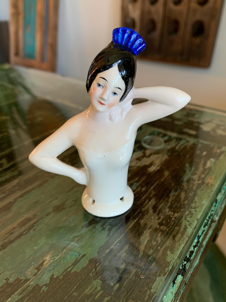 Porcelain Doll Head/Half Doll Busts/German Porcelain Doll Head blue hat doll