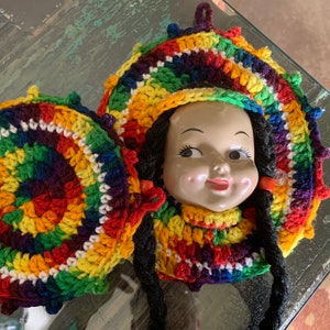 Vintage Crotchet Hanging Doll Face-Pot Holder-Handmade-70's Kitchen