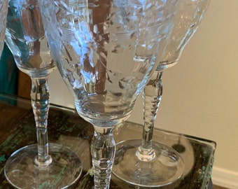 Set of Three Vintage Wine/ Etched Glasses/Vintage Crystal 40's Glasses