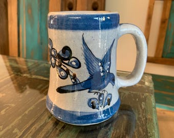 Tonala Mexican Pottery Tankard  Mug/Studio Art Bluebird Handpainted Mug