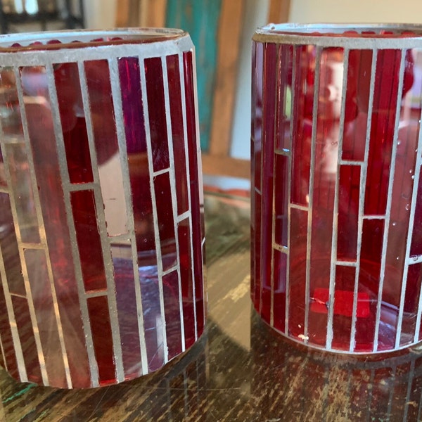 Crate & Barrel Small Red Iridescent Votive Hurricanes/ 4 " Red Mosaic candle holders