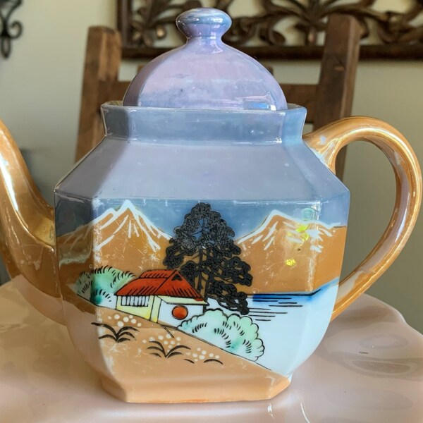 Vintage Japanese Lustreware Blue and Peach Teapot/Japanese Handpainted Teapot