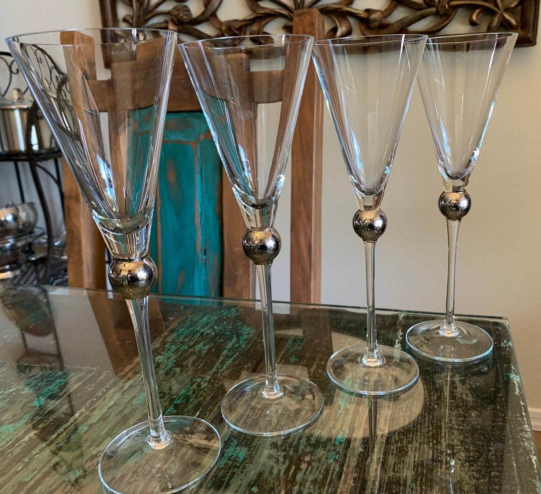 Tall Champagne/toasting Flutes Glasses Silver Ball Etsy
