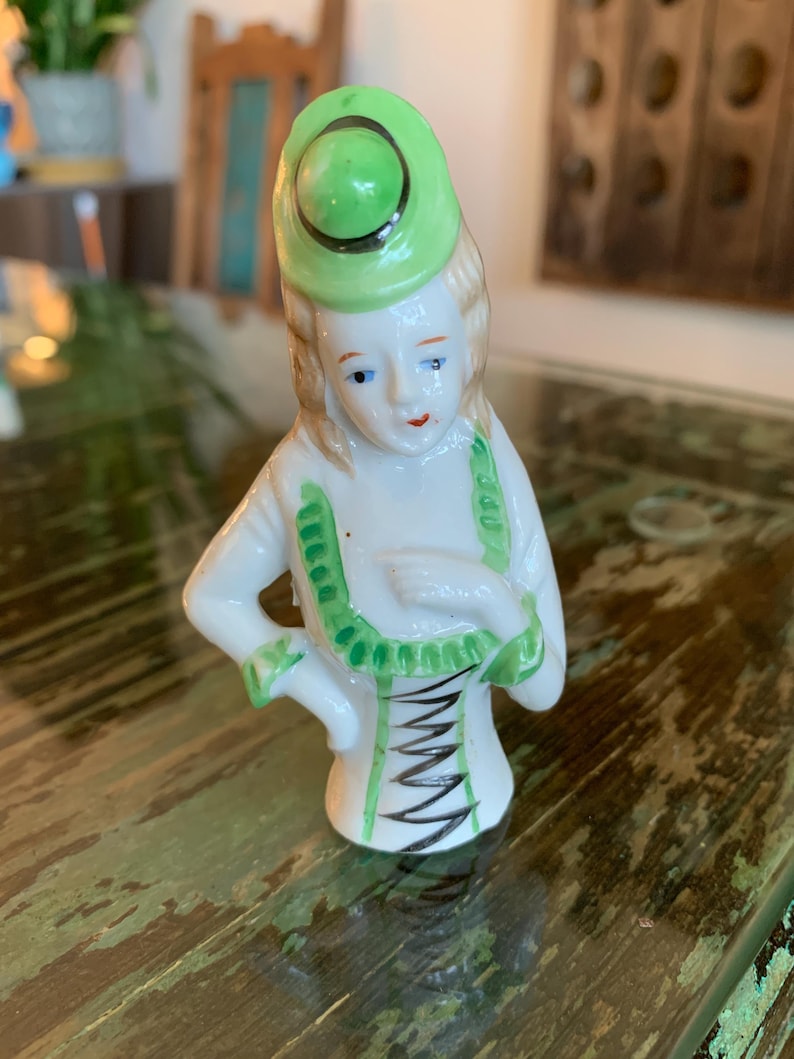 Porcelain Doll Head/Half Doll Busts/German Porcelain Doll Head green hat doll